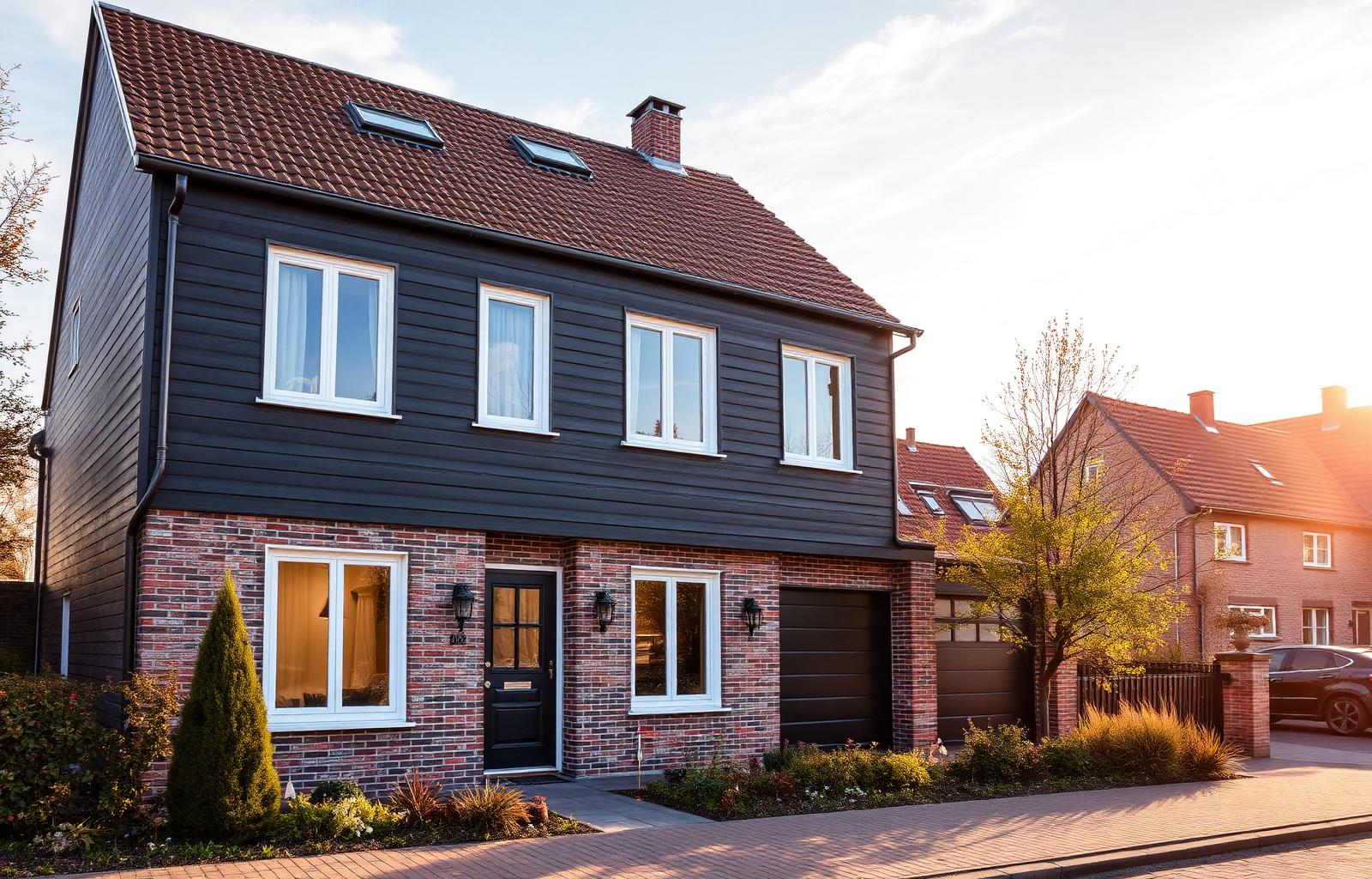 Modernes Einfamilienhaus mit neuen Fenstern, Haustuer und gedaemmter Fassade