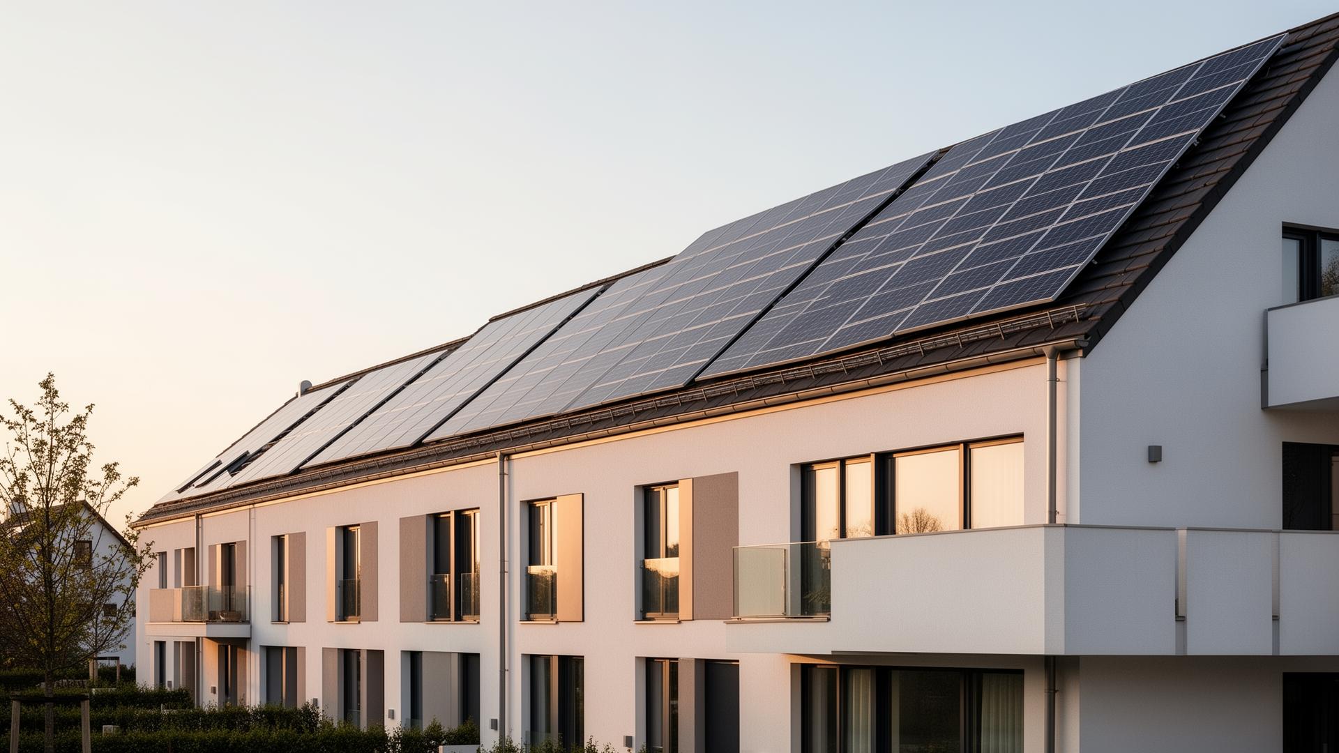 Modernes Wohngebaeude mit Photovoltaikanlage im Morgenlicht
