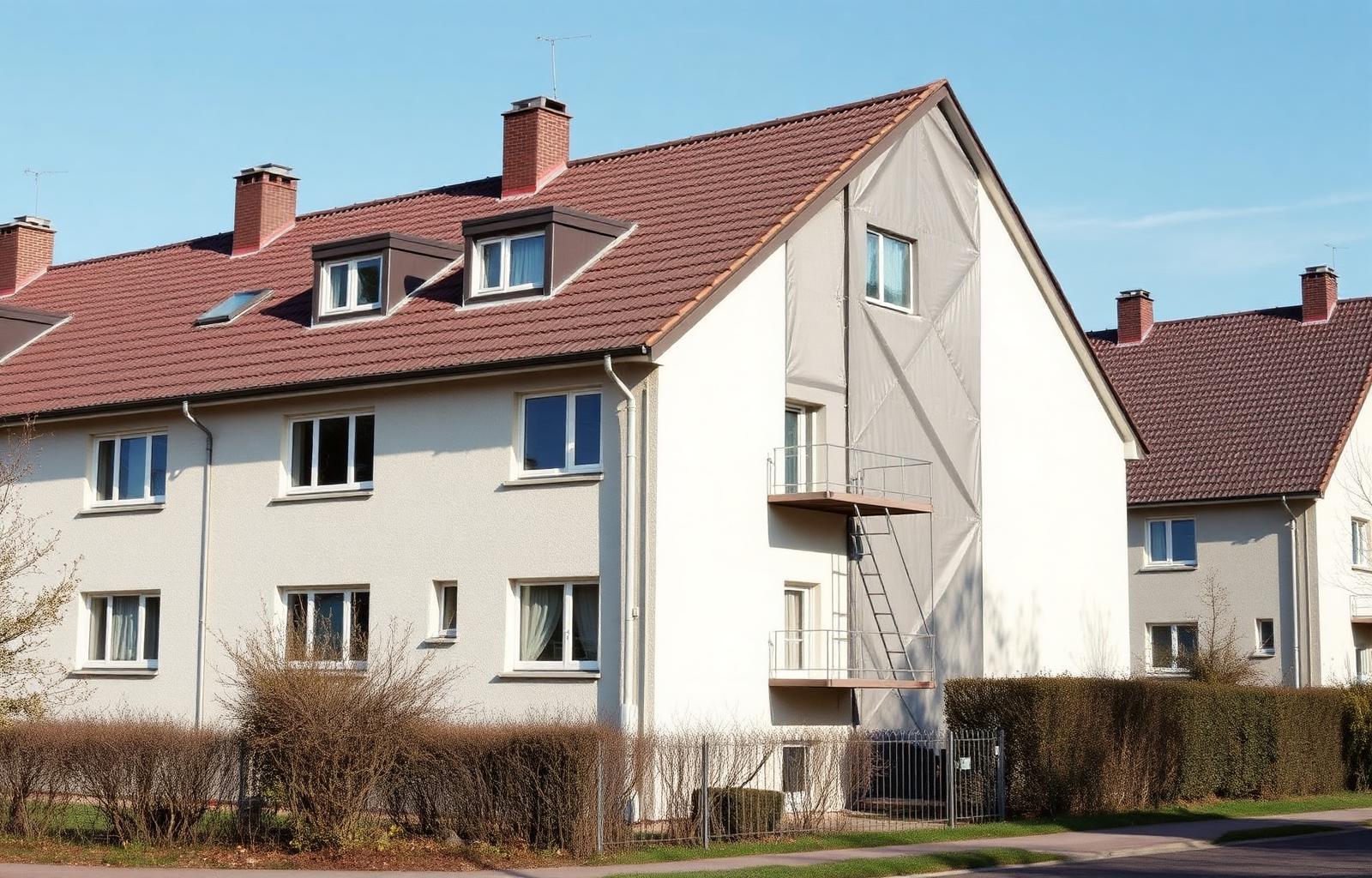 Mehrfamilienhaus mit Baugeruest und Daemmarbeiten an der Fassade